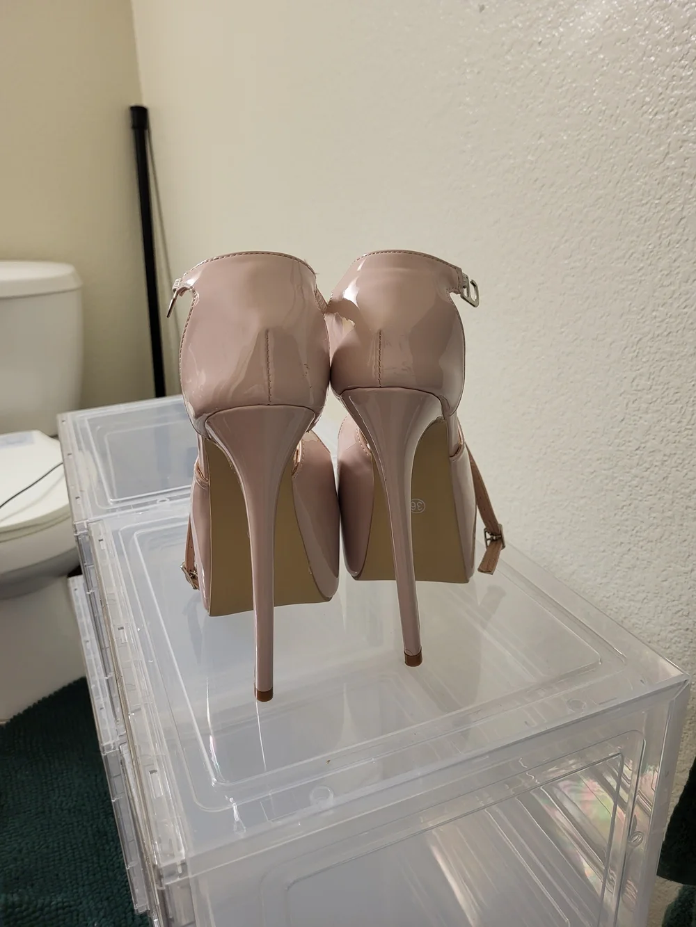 Nude Patent Platform Peep-Toe High Heels with Ankle Strap